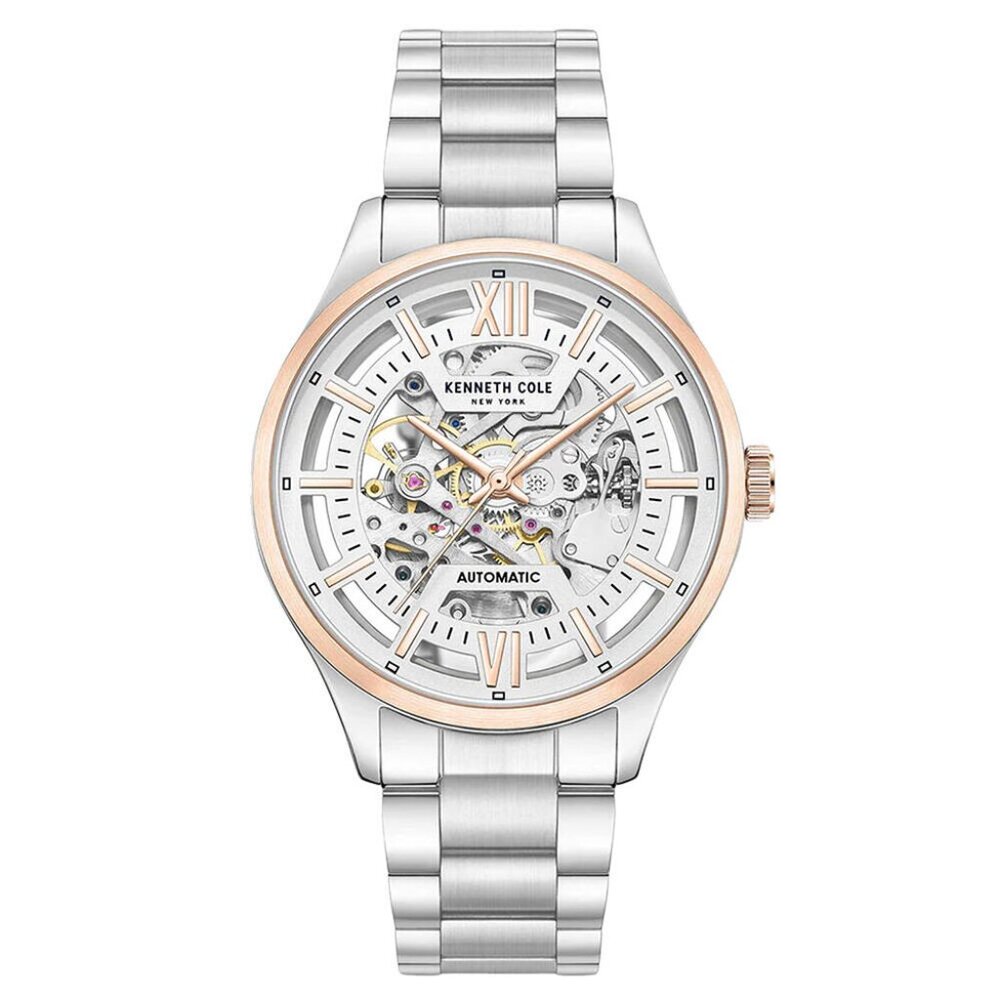 42mm Silver & Rose Gold Automatic Mens Watch With Skeleton Dial By KENNETH COLE